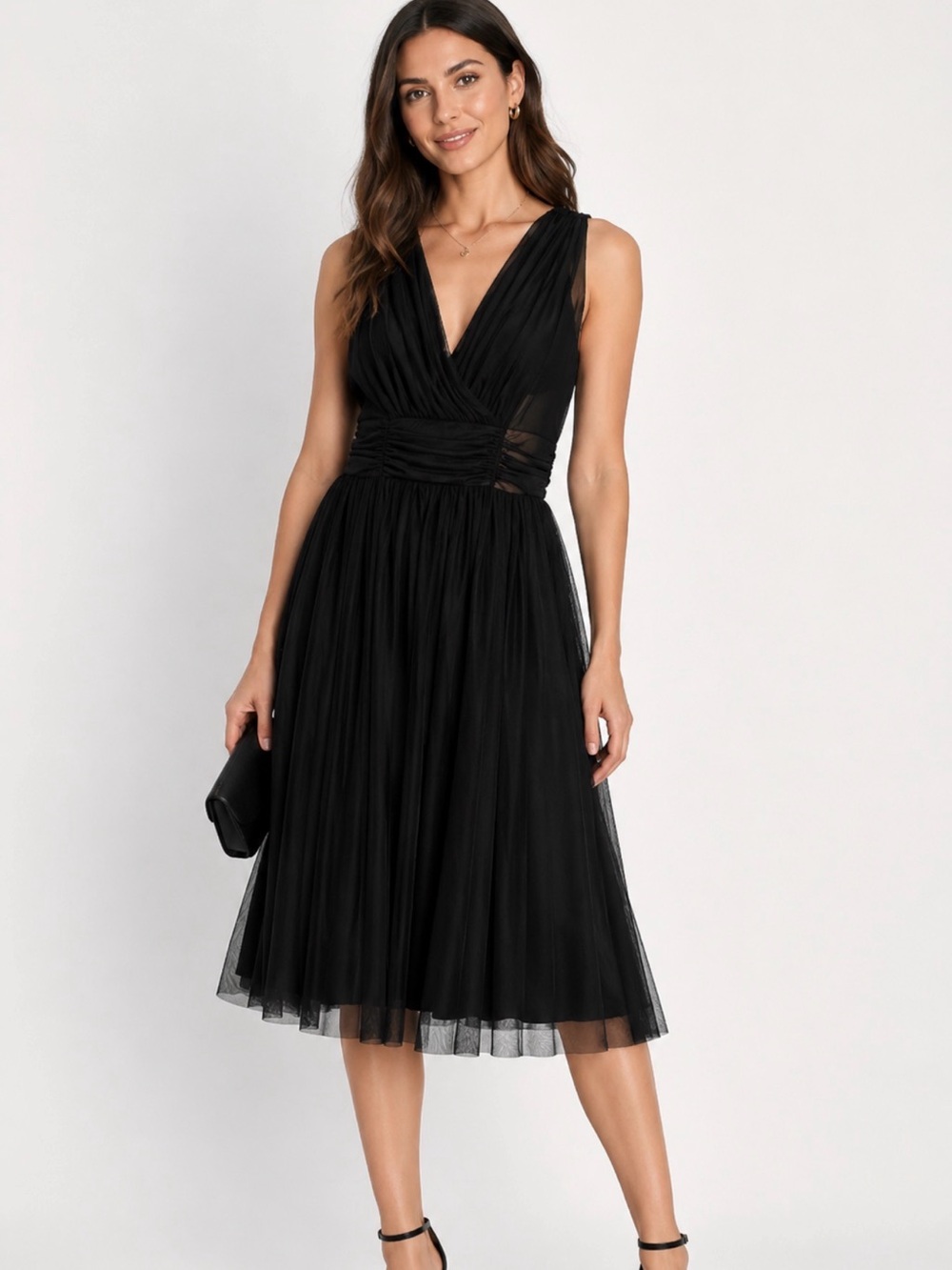 connected apparel Black Sleeveless V-Neck Midi Dress woman’s large ruched mesh